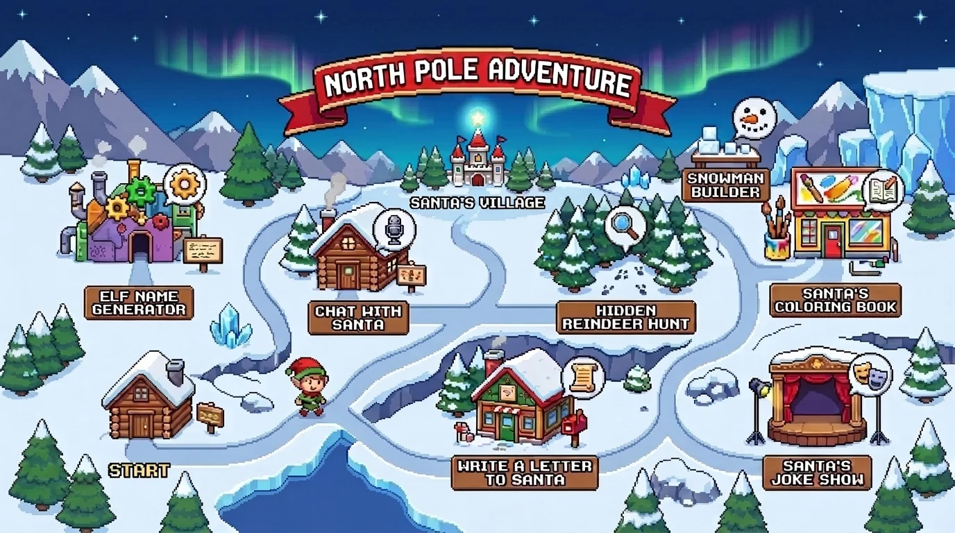 A map of the North Pole. Places to visit: the Elf Name Generator workshop, Chat with Santa cabin, Hidden Reindeer Hunt forest, Snowman Workshop, Santa's Coloring Book shop, Write a Letter to Santa post house, and Santa's Joke Show stage.